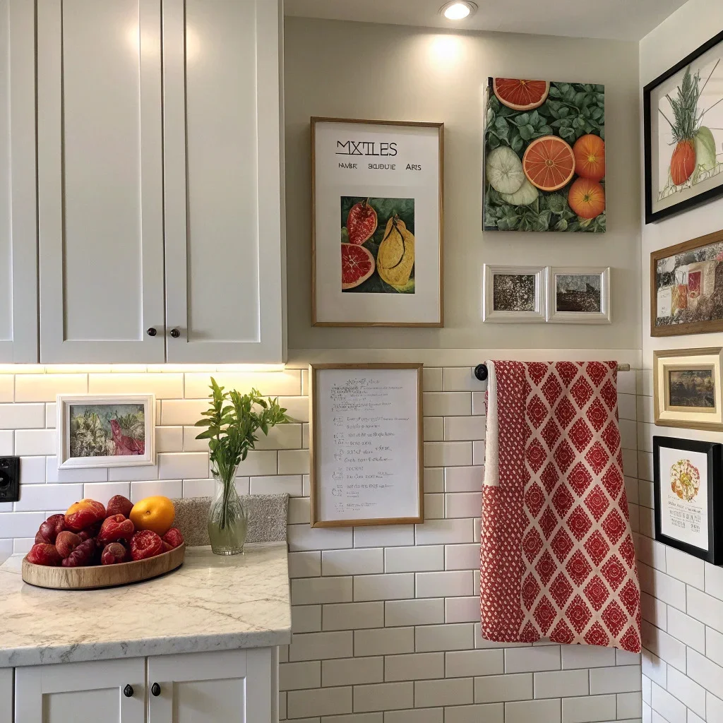 A kitchen wall with a mix of framed fruit and vegetable prints, a stretched tea towel turned into art, handwritten recipe cards, and adhesive fine-art prints arranged in a cohesive, curated display. 