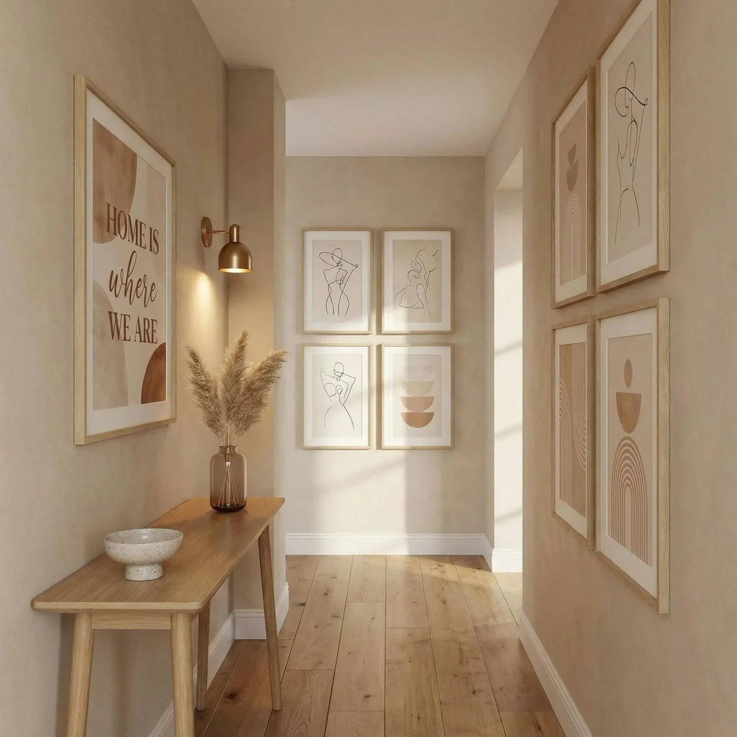 Staggered framed pictures in minimalist entryway