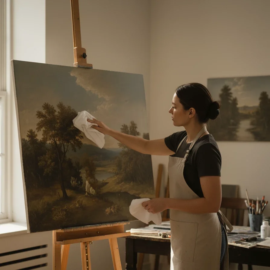 artist gently wiping landscape canvas on studio easel