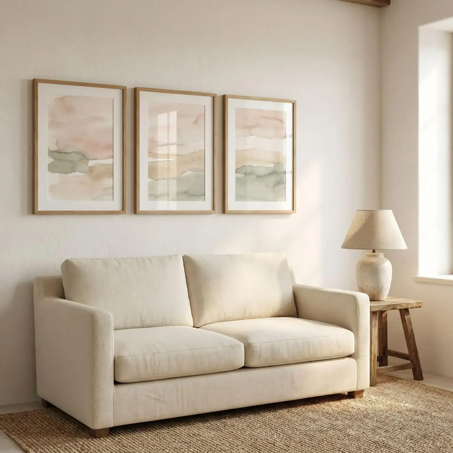 Triptych framed artwork above a small sofa