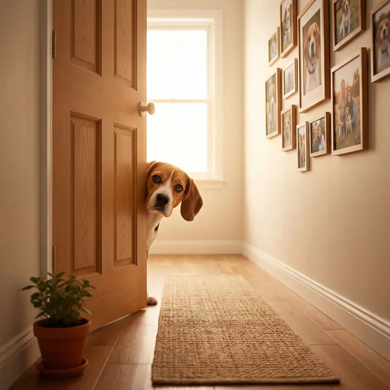 Dog peeking around door in warm home hallway