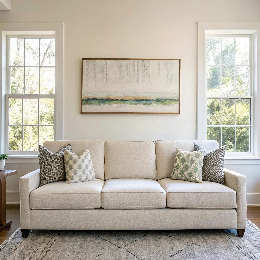 A modern living room with a sofa centered beneath a correctly scaled wall art arrangement. The artwork spans about two-thirds to three-quarters of the sofa width and hangs 6–10 inches above the back for perfect proportions.