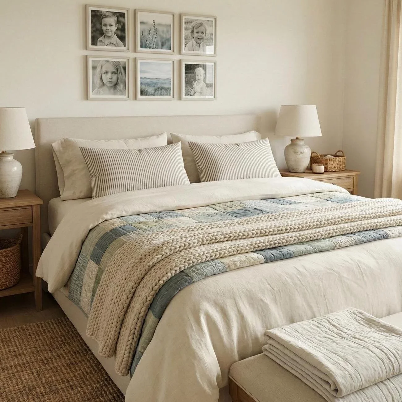 Cozy neutral bedroom with layered bedding and framed photos.
