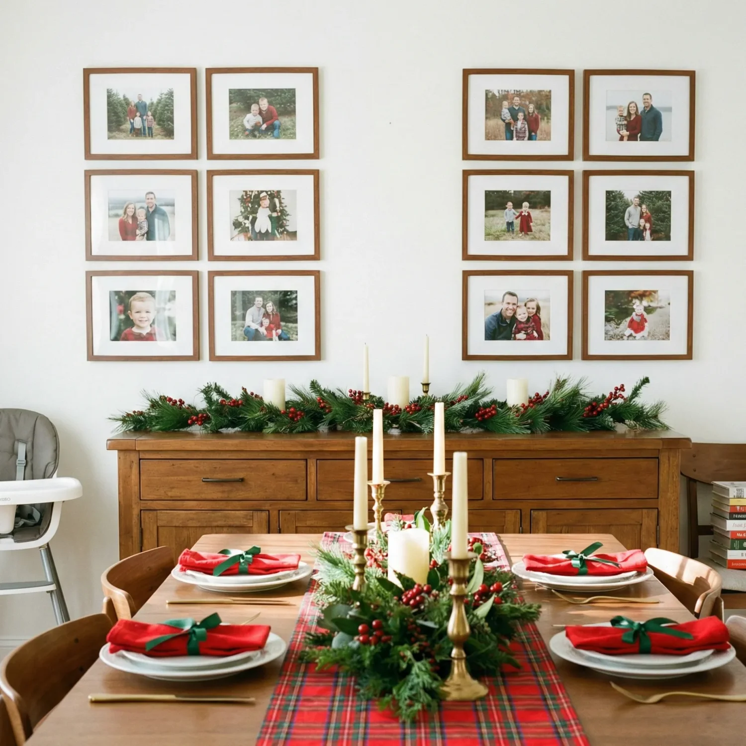 Cozy dining room with Christmas table setting and family photo wall