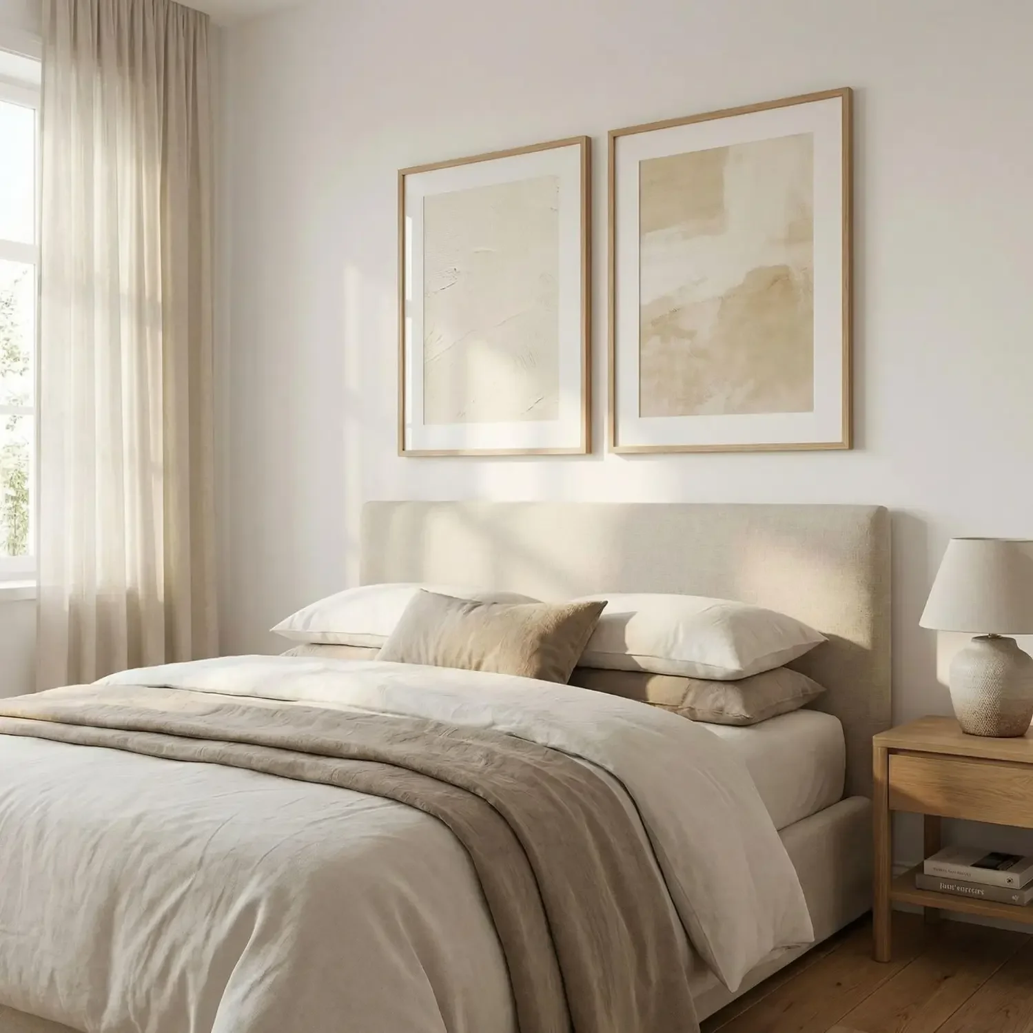 Soft framed artwork above bedroom headboard