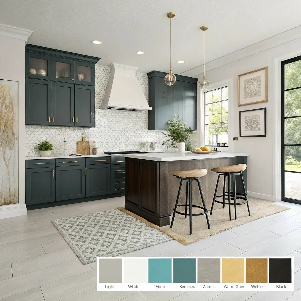 A kitchen wall showcasing three side-by-side gallery examples: one matched to cabinet colors, one with high-contrast light art against dark cabinets, and one using complementary accent colors pulled from surrounding decor.