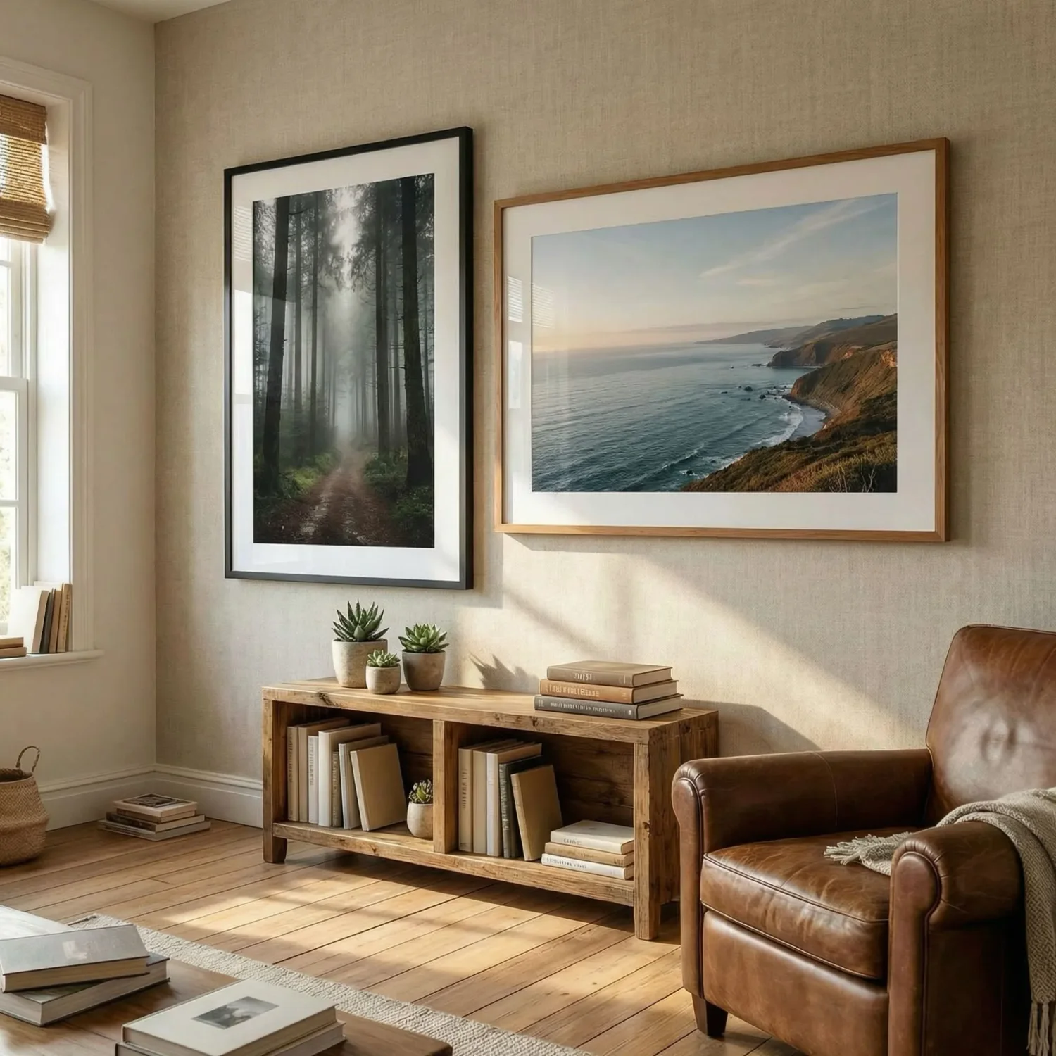 Vertical and horizontal framed pictures in a cozy nook