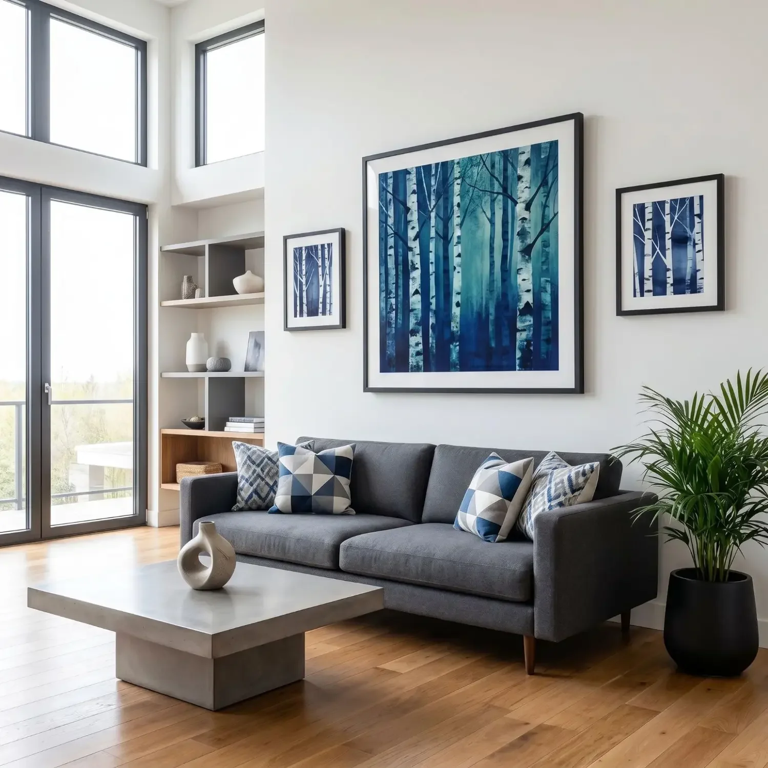 Abstract cobalt birch wall art in modern living room
