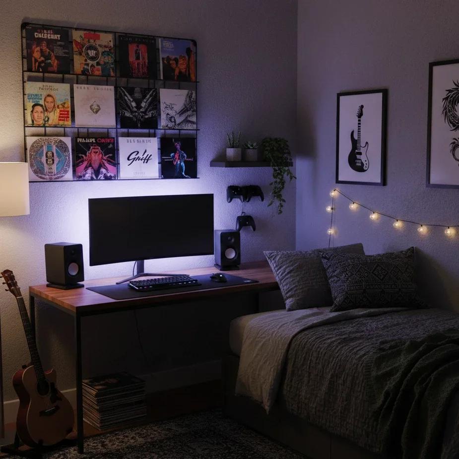 Moody bedroom workspace with records, guitar art, and LED glow