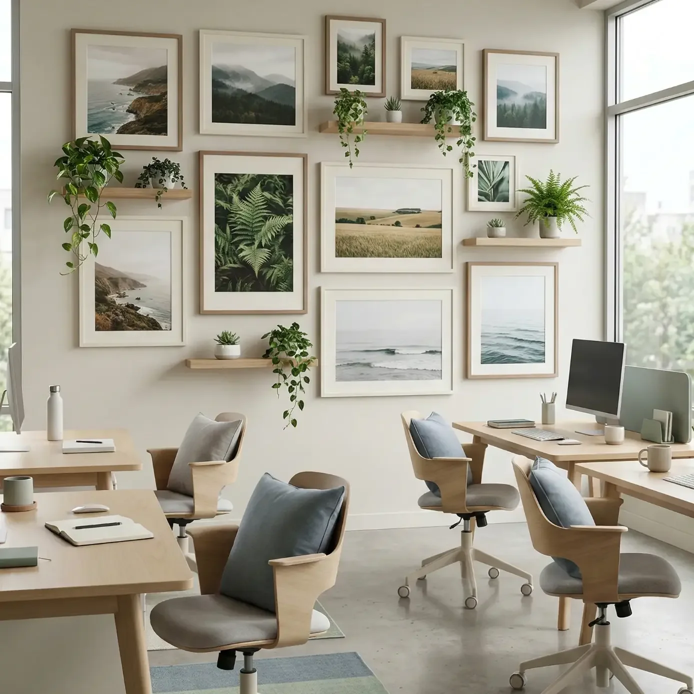 Bright office with landscape gallery wall, plants, and desks