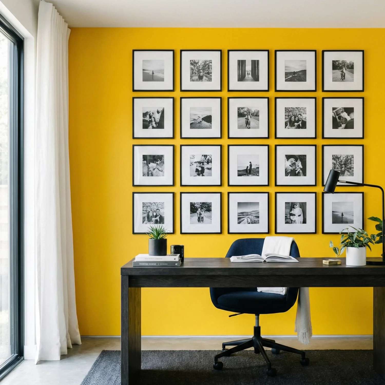 Modern desk setup against a yellow wall with framed photos