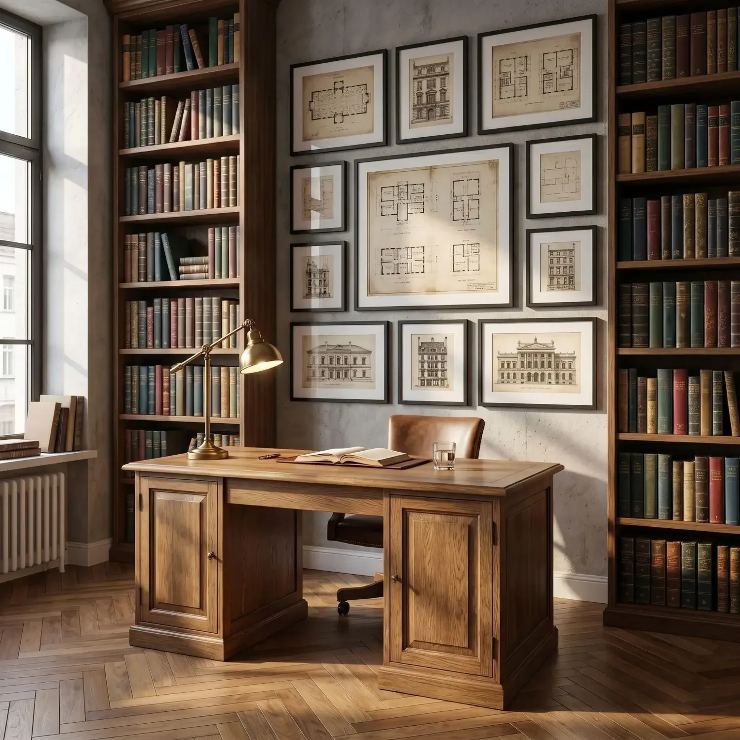 Vintage blueprint architecture prints in home office