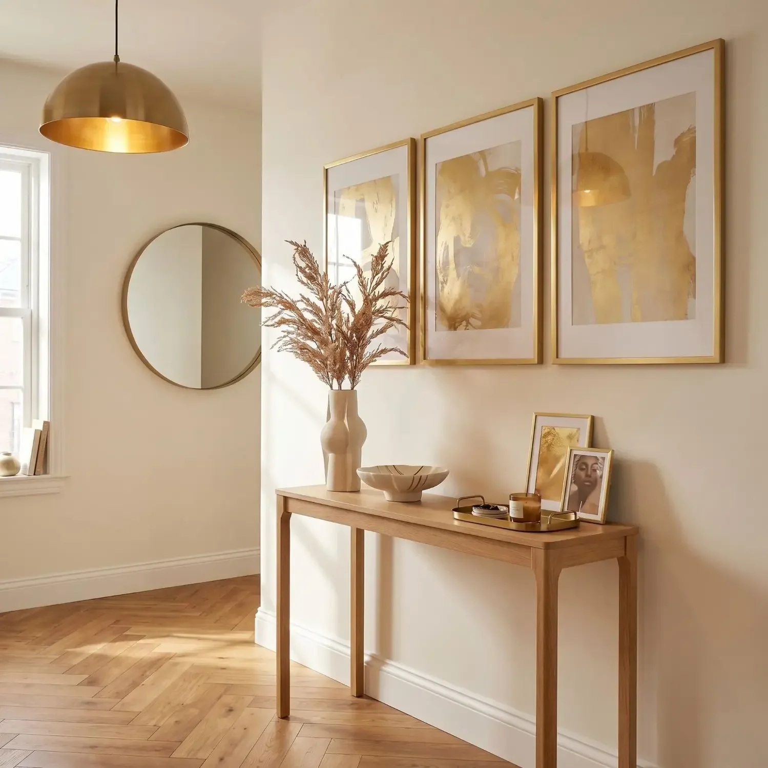 Gold abstract art trio in entryway hallway