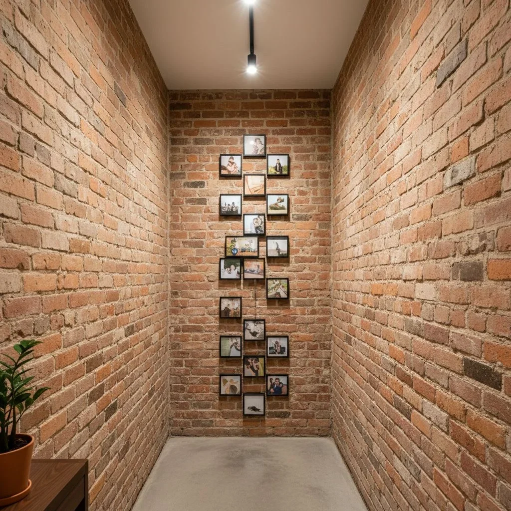Entry hallway with vertical photo stack on brick wall