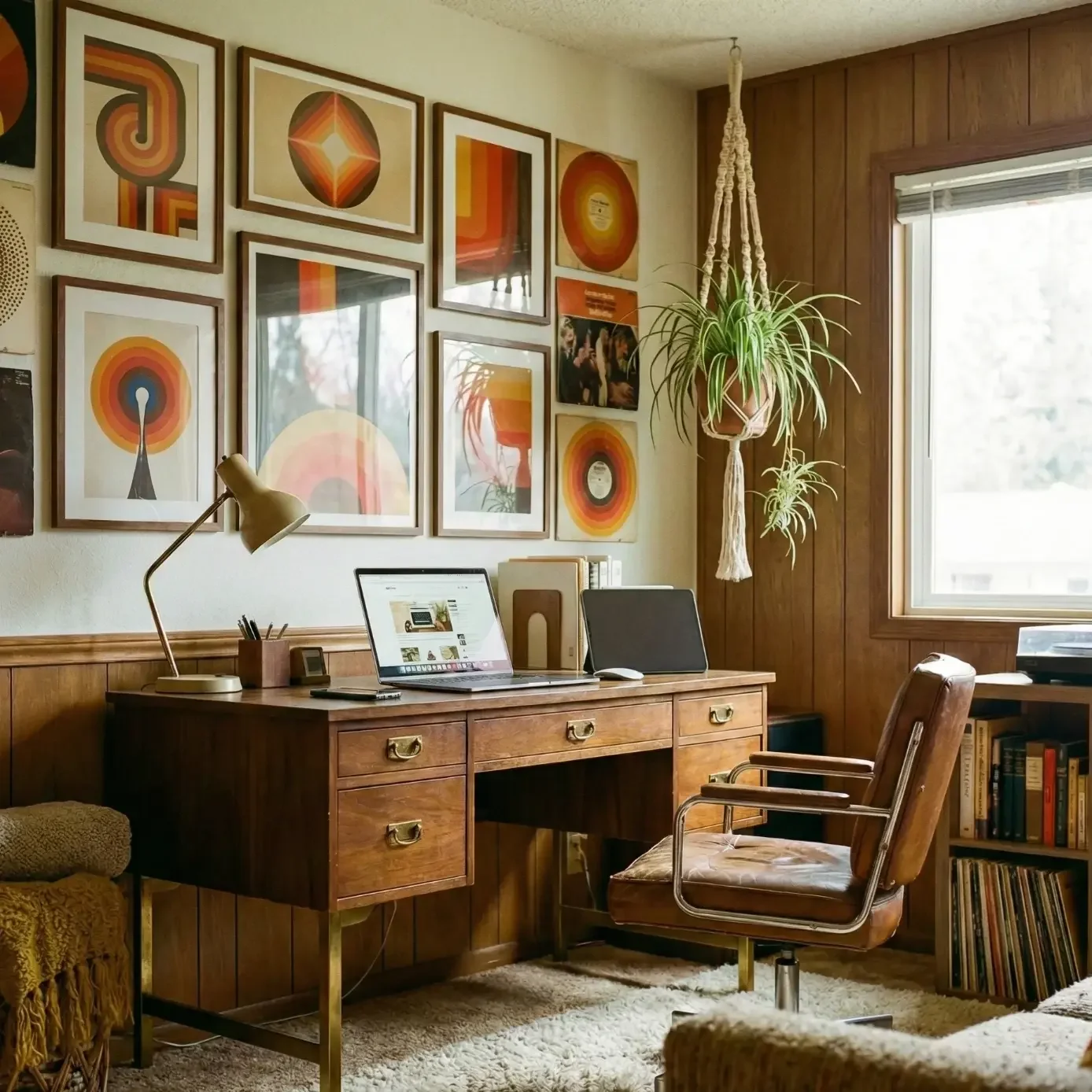 Vintage mid-century desk setup with retro gallery wall and a leather chair