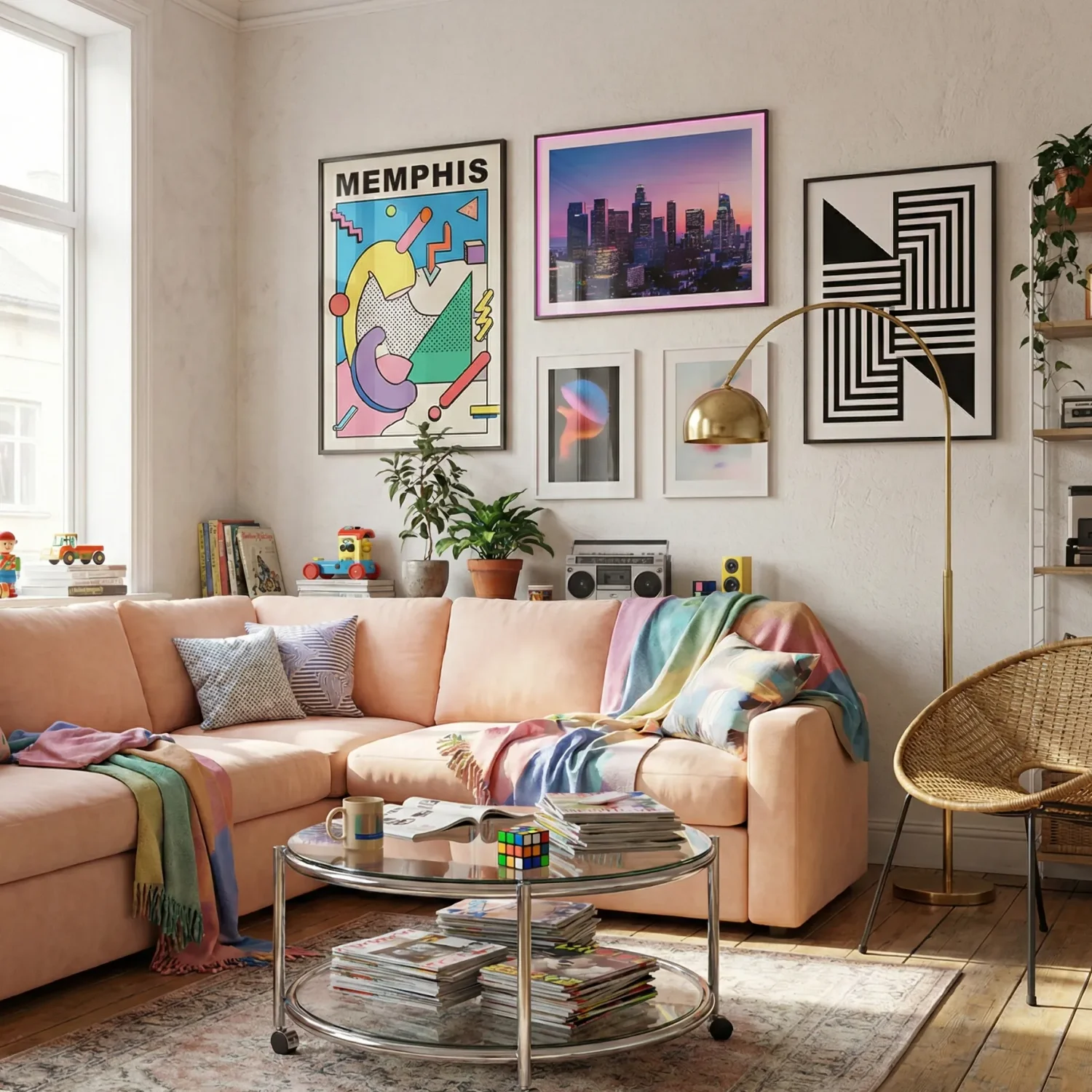 Colorful living room with blush sectional and gallery wall