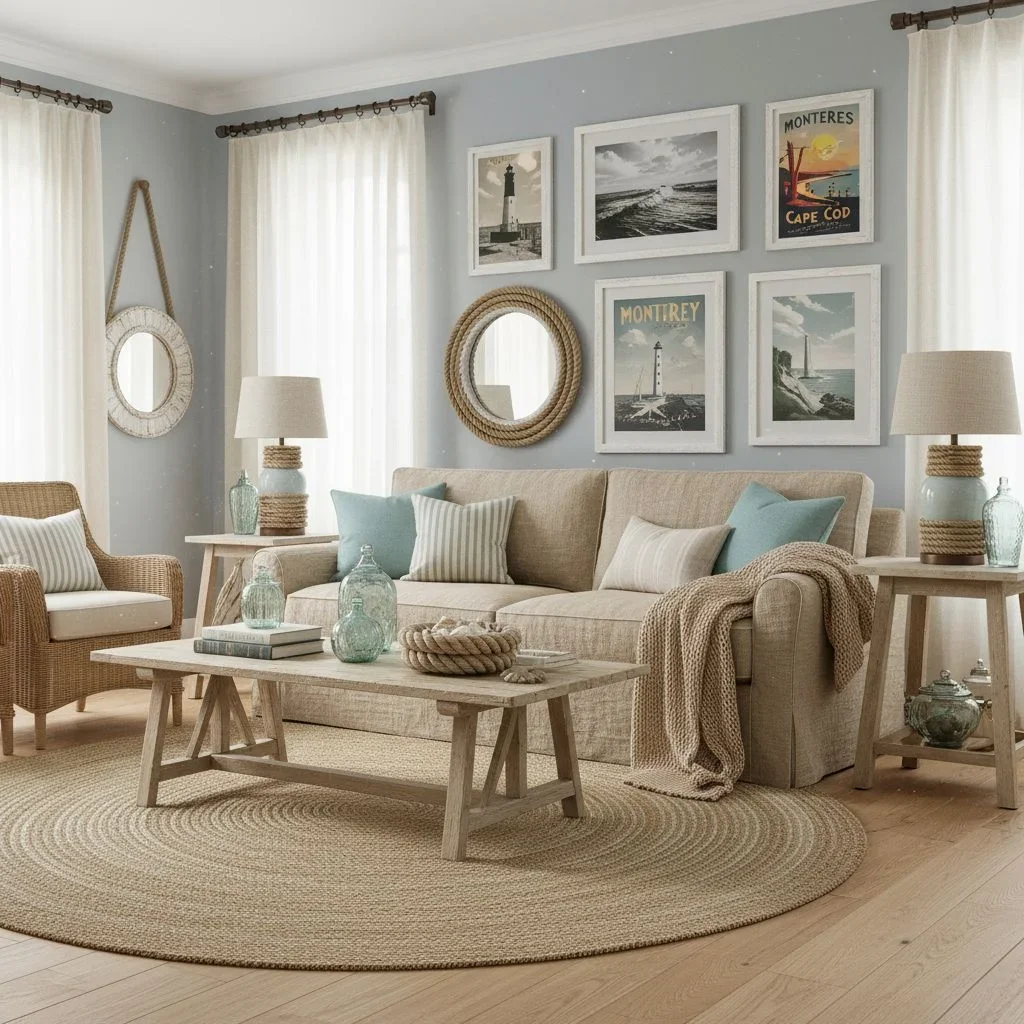 Coastal vintage living room with beachy textures