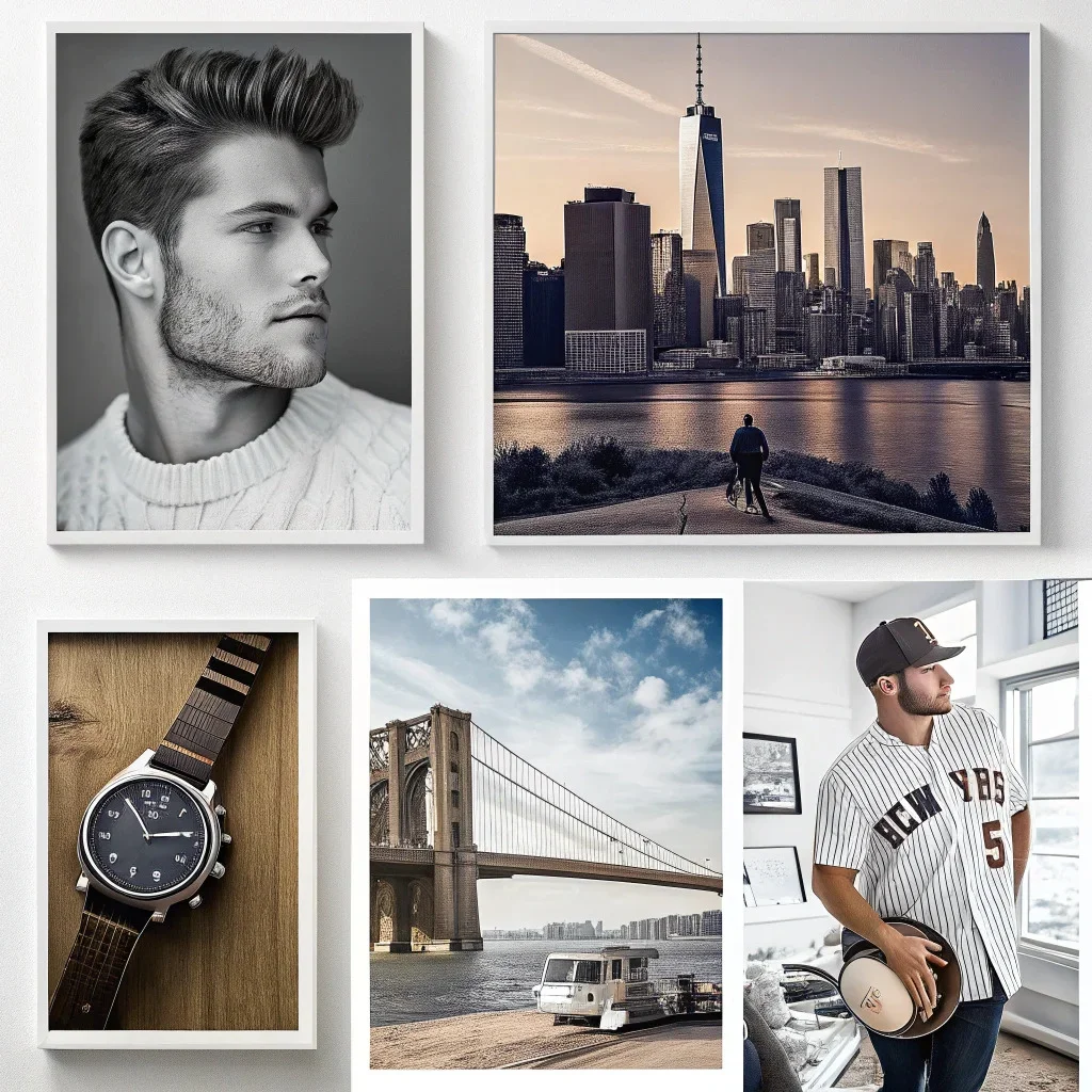 Collage of five gallery wall types: black-and-white portraits, travel cityscapes, hobbies, sports memories, and minimal grids.