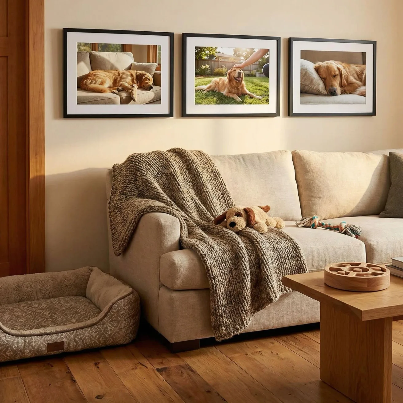 Cozy living room with dog photos above sofa