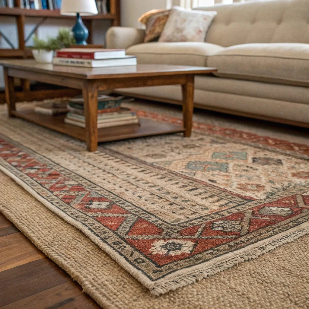 Living room floor with a large jute rug layered under a smaller colorful Persian or geometric rug, next to a sofa.