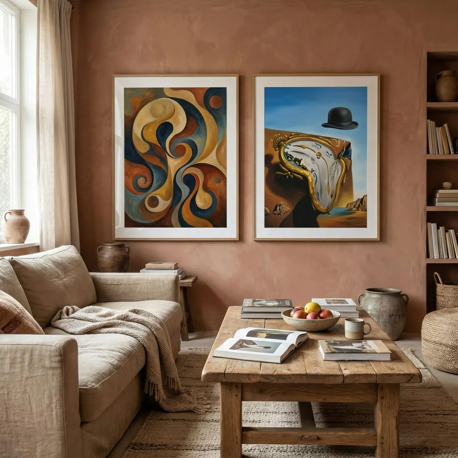 Surrealist framed art on a warm living room wall