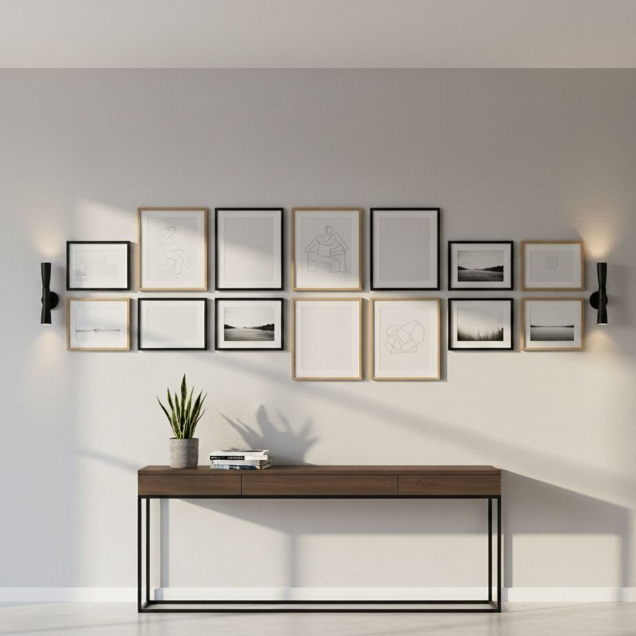 Neutral gallery wall above slim wood console table