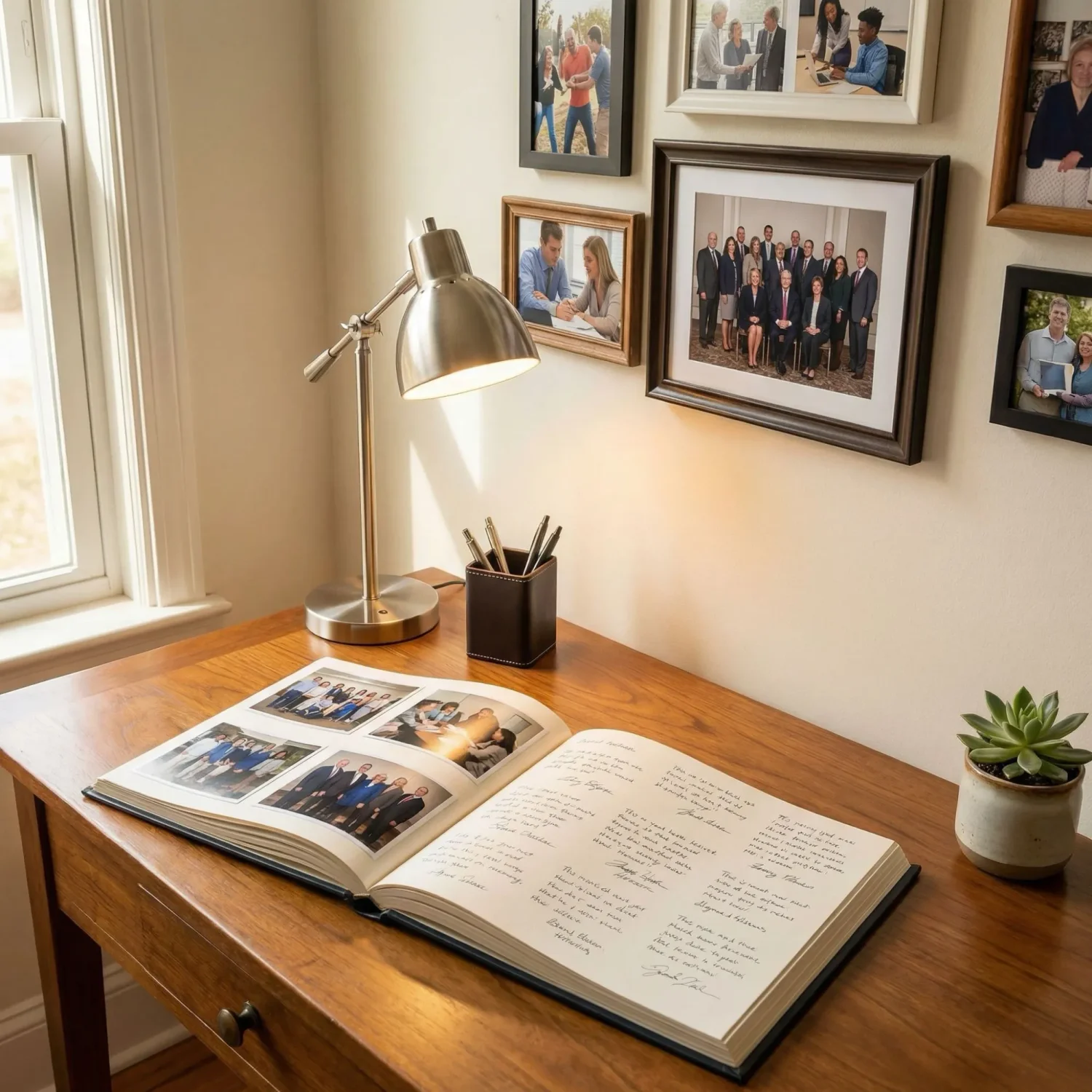 Executive retirement memory book on wooden office desk