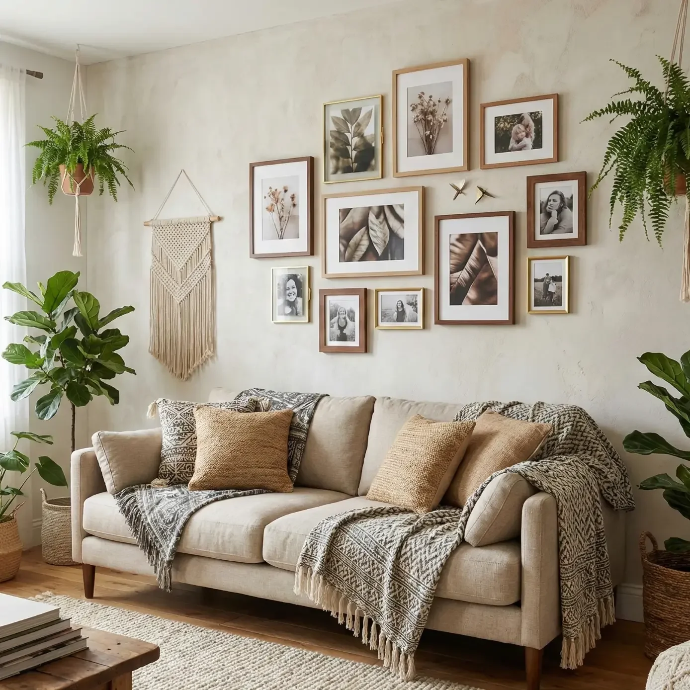 Neutral sofa with gallery wall, macrame, and lush houseplants
