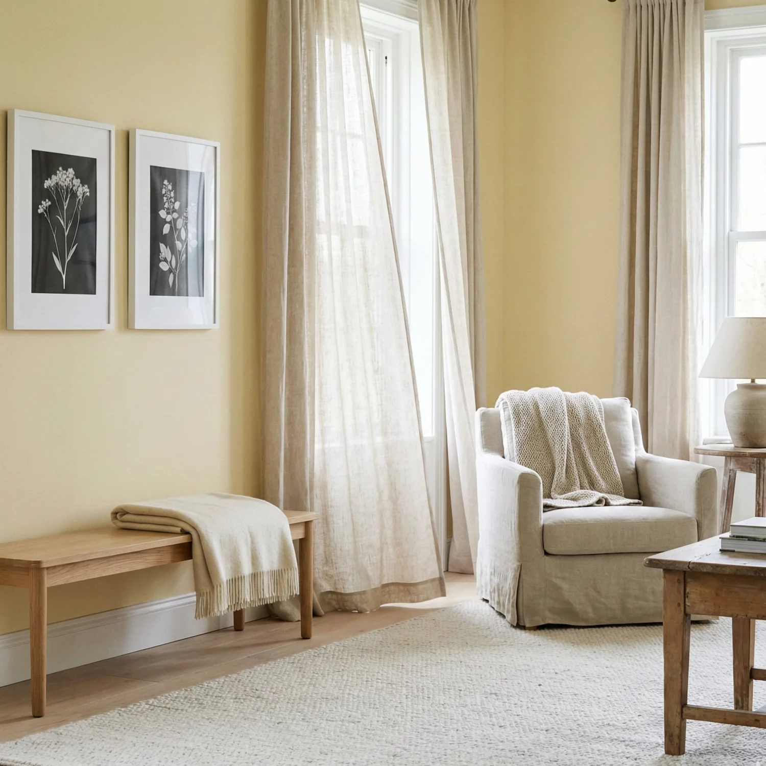 Minimal living room corner with beige armchair and natural textures