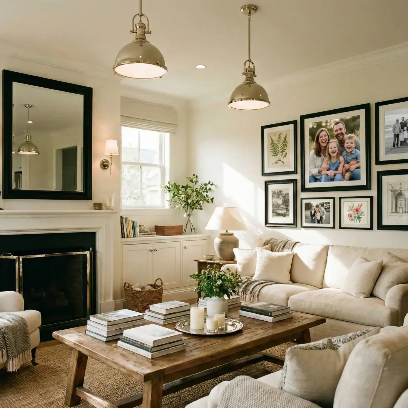 Cozy living room with gallery wall, fireplace, and linen sofa