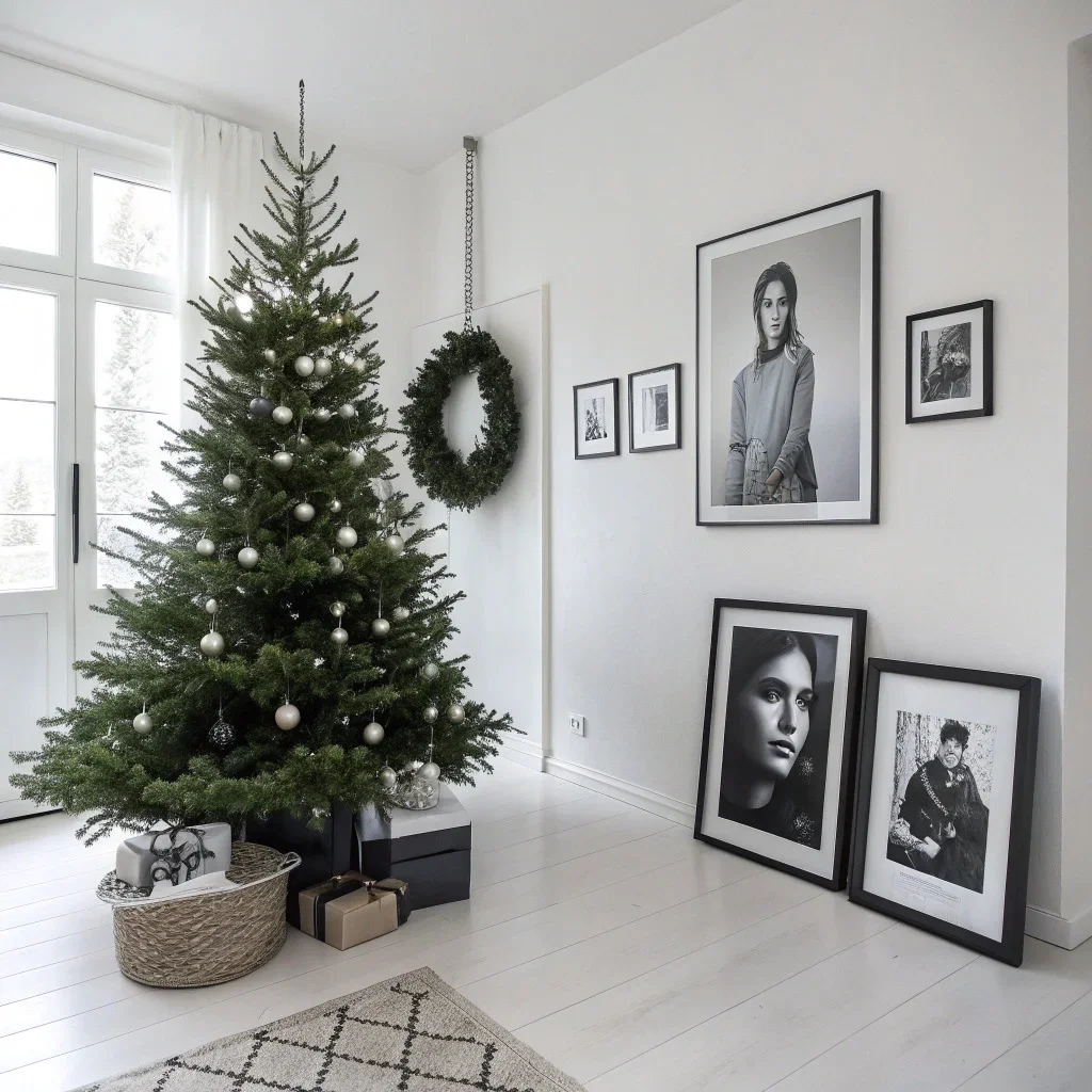 A minimalist black-and-white Christmas room with charcoal accents, fresh greenery, and high-contrast portraits and text prints in clean black frames.