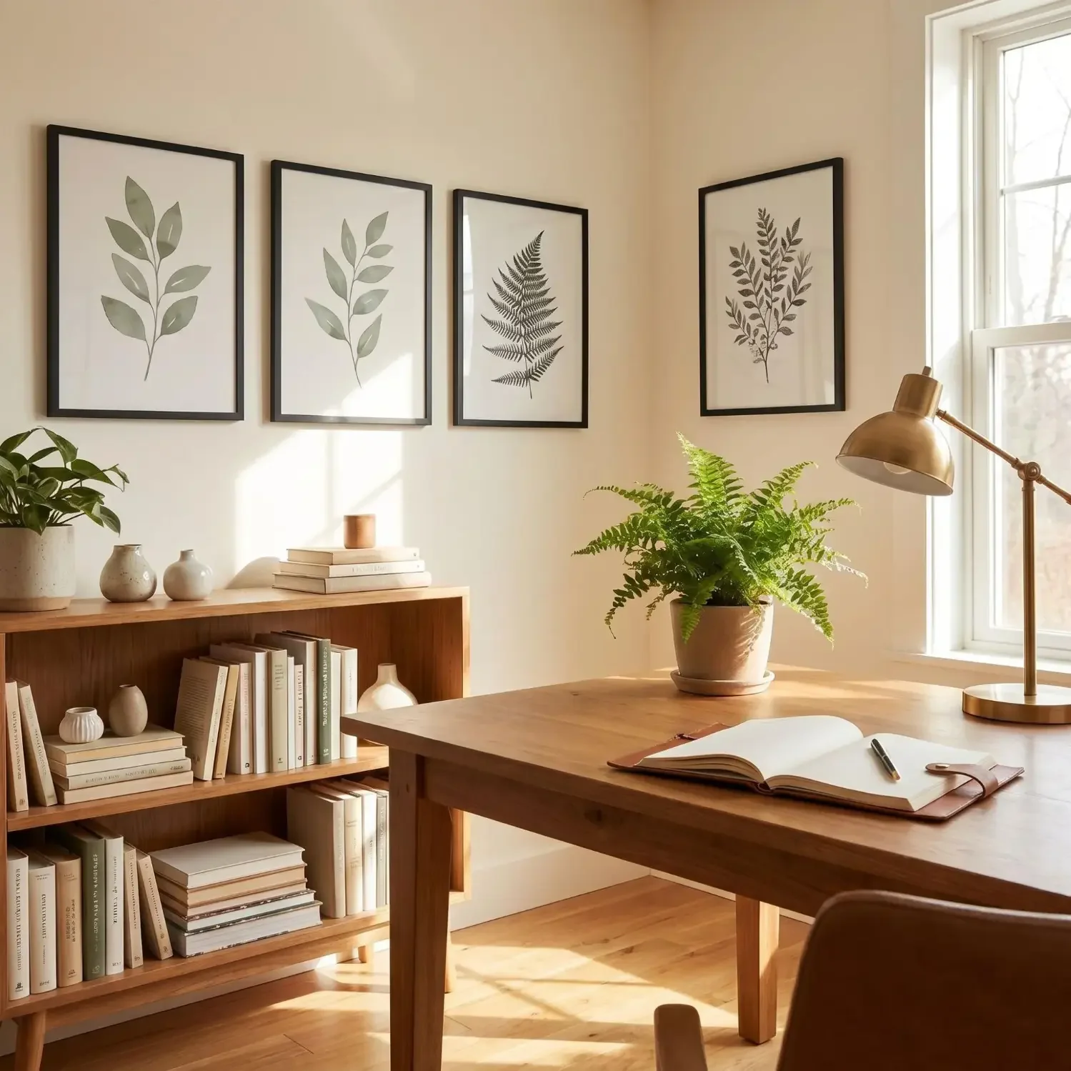 Botanical art prints above a nature-inspired desk