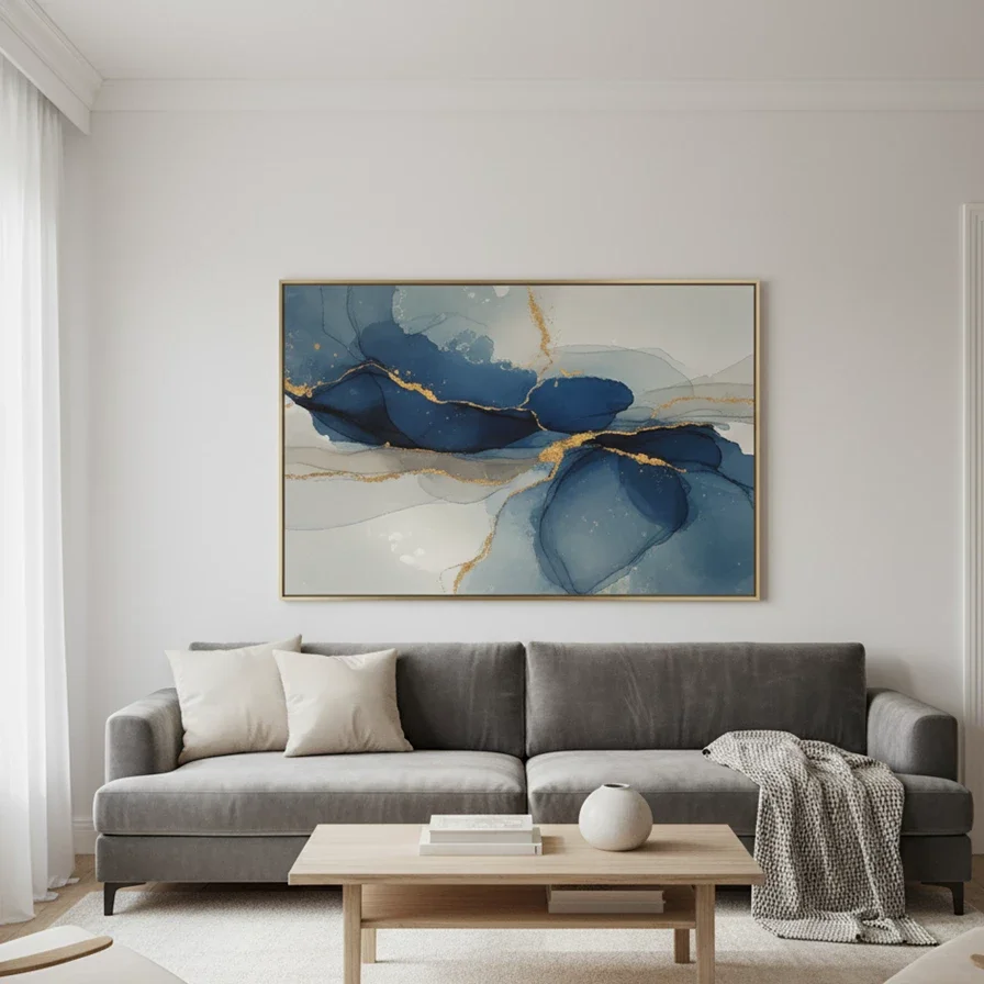 large blue abstract painting above gray sofa in minimal living room