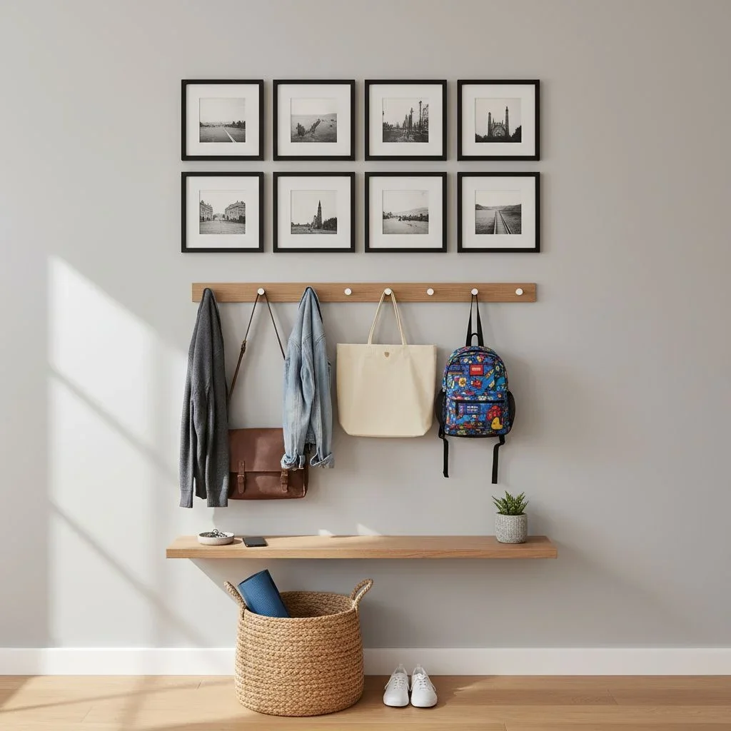 Compact entryway with hooks, shelf, and gallery