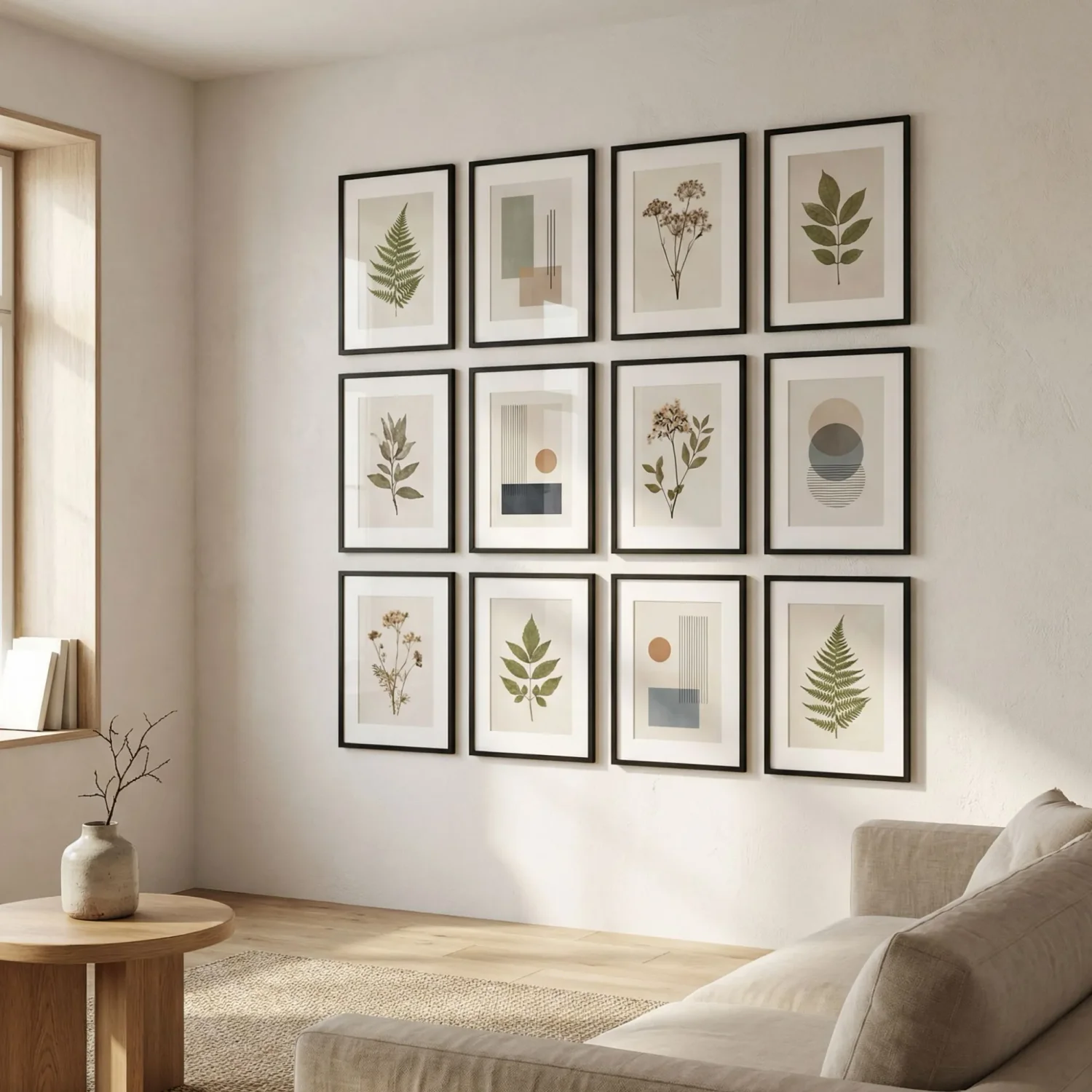 3x4 grid of framed pictures on living room wall