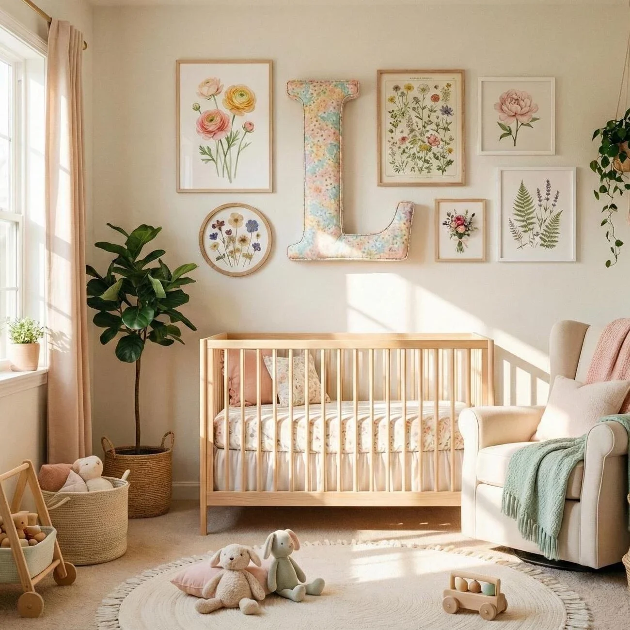 Soft, floral nursery with wooden crib and pastel decor