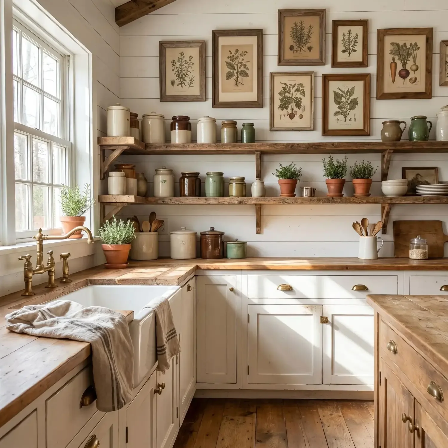 Farmhouse kitchen with botanical herb print gallery wall
