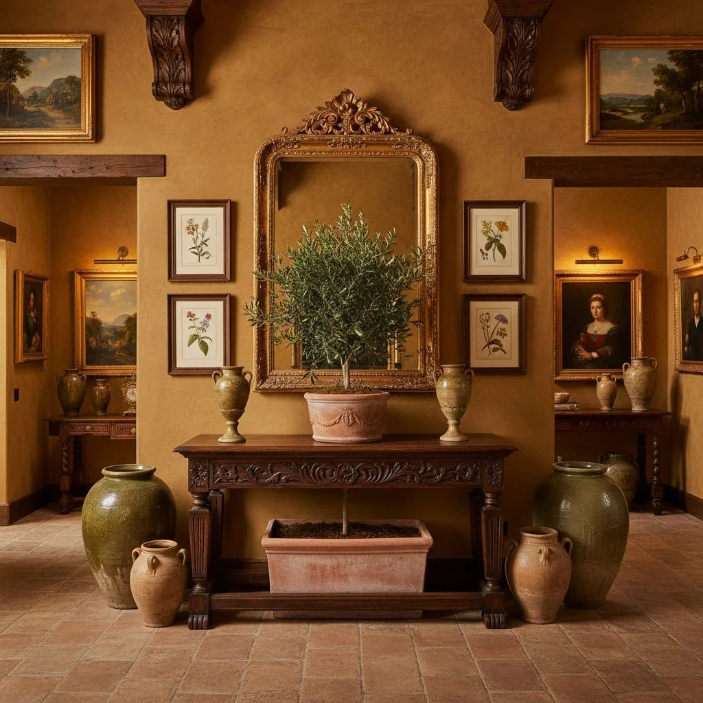 Old-world European entryway with art and console
