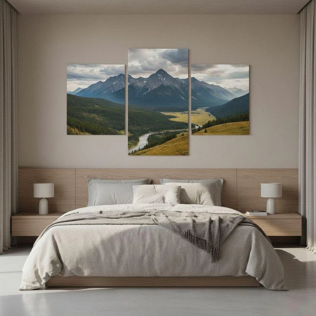 Bedroom wall with three-panel canvas grid