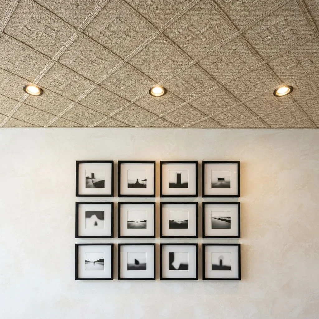 Textured ceiling and clean grid of photo frames