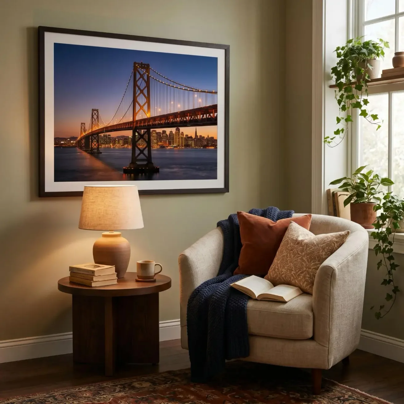 Dusk SF Bay Bridge framed photo wall decor