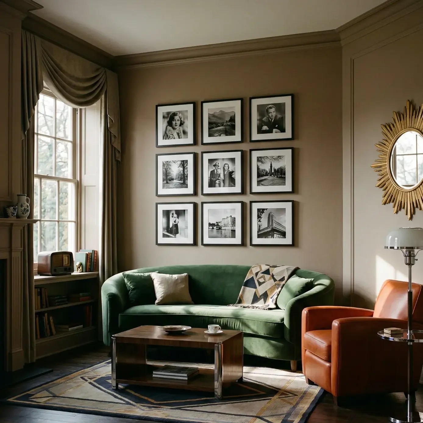 Elegant living room with green sofa and black-and-white photo grid
