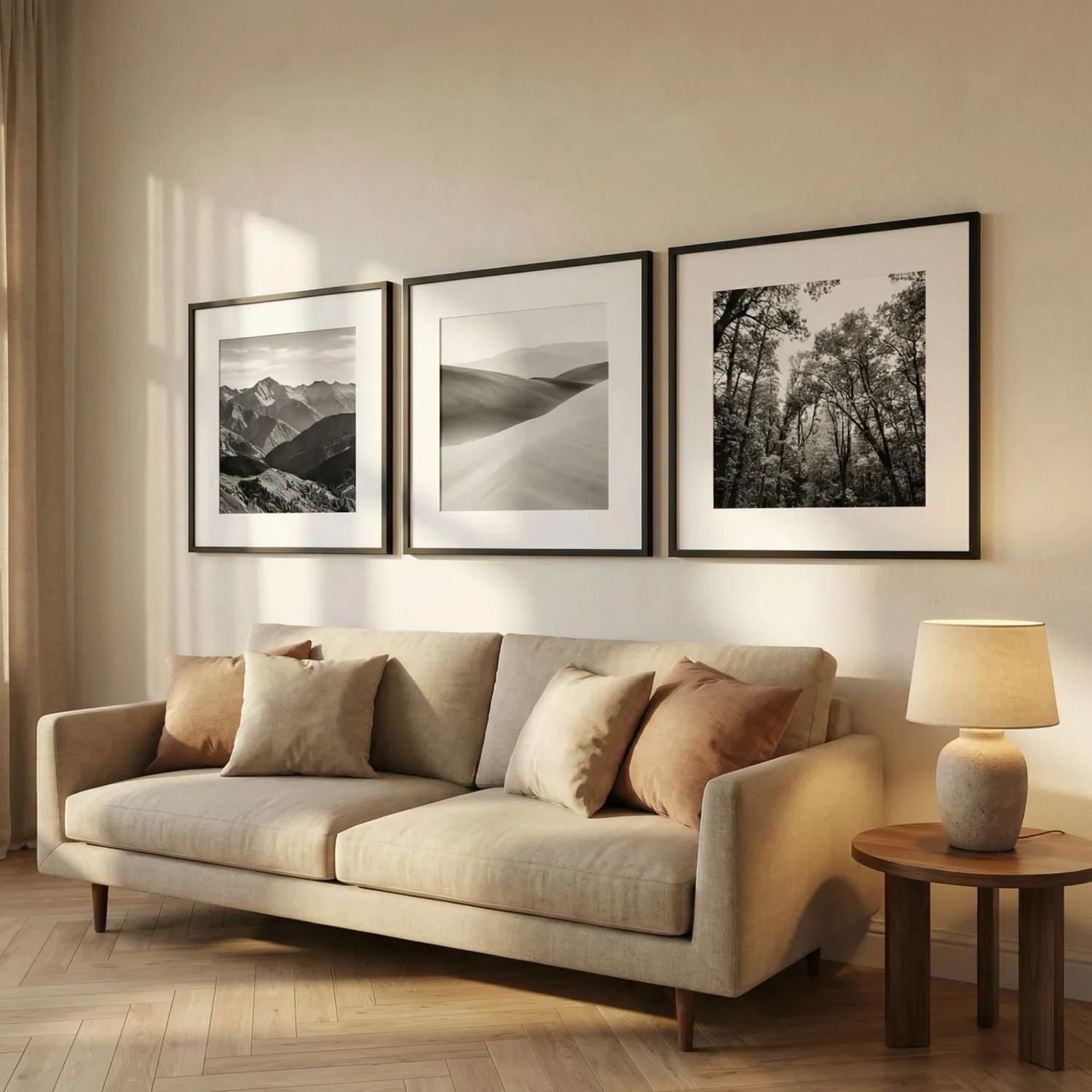 Linear triptych framed photos above modern sofa