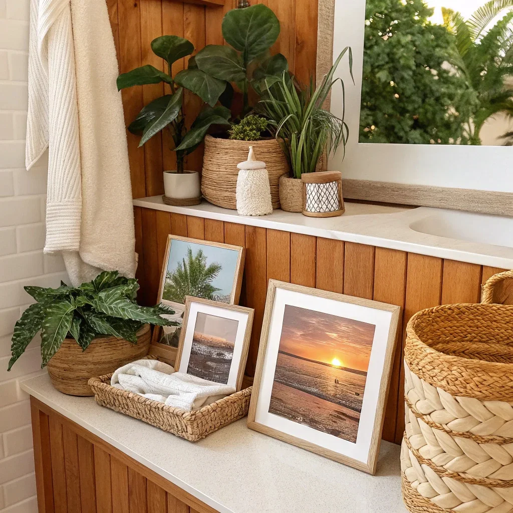 Boho-inspired bathroom with warm wood accents, woven textures, and sunlit travel photos layered near an open shelf.
