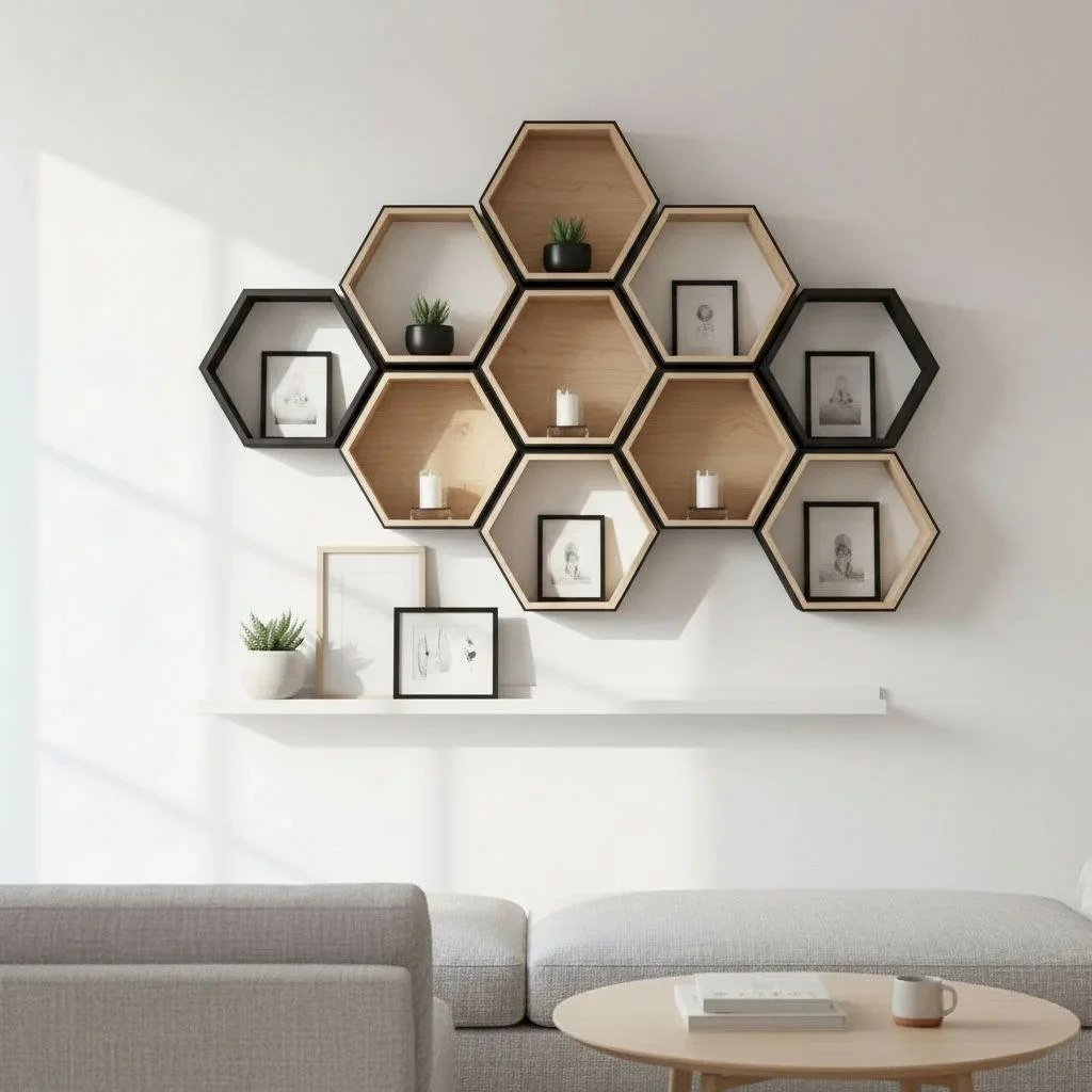 Hexagon shelf with modern geometric decor