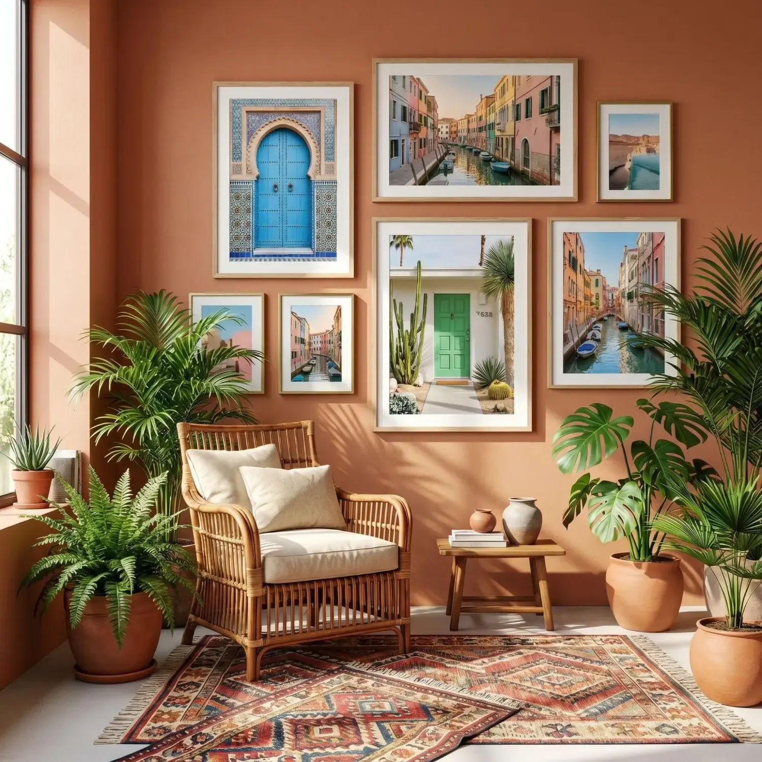 Colorful Moroccan and Venice framed photos on wall