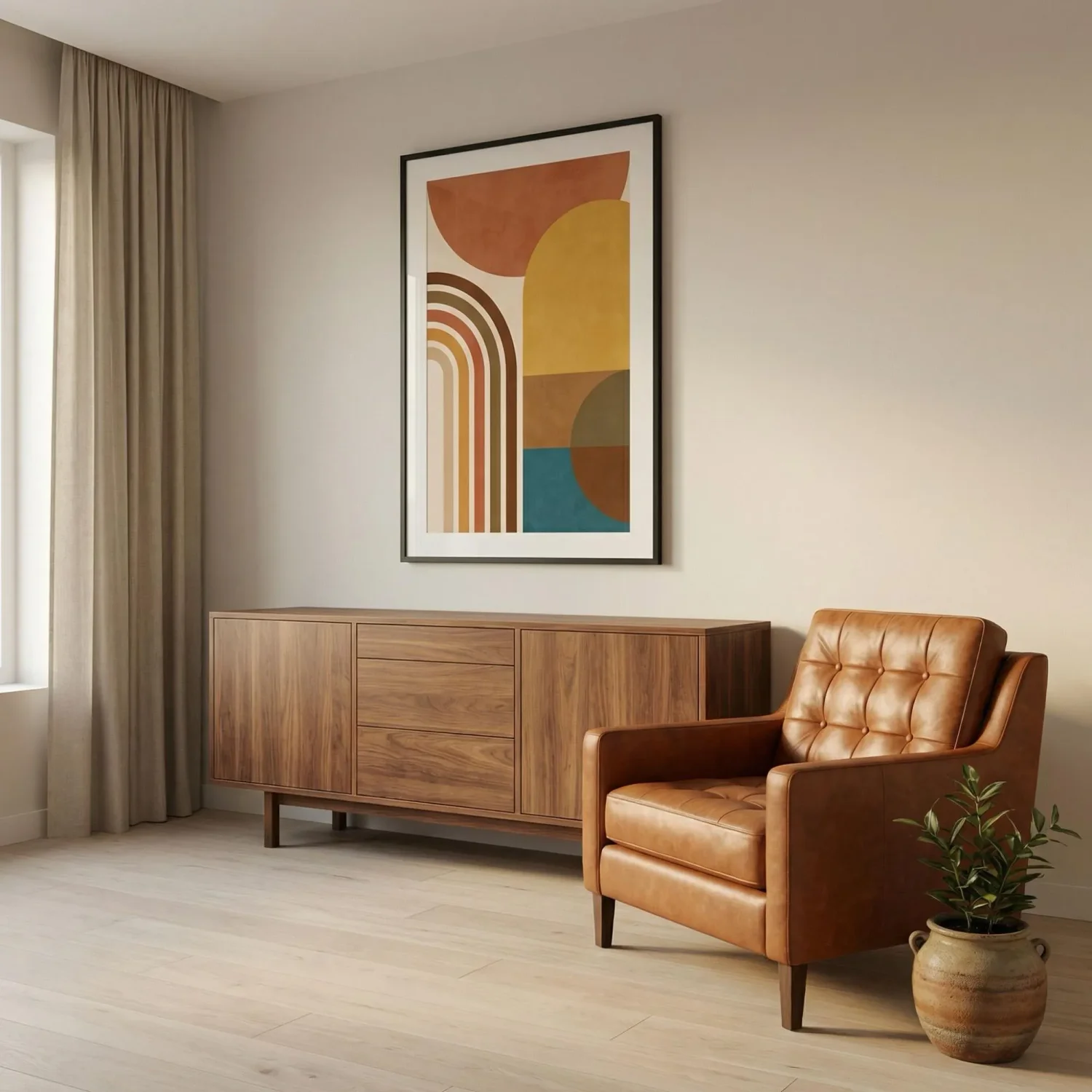 Mid-century geometric framed art above walnut credenza
