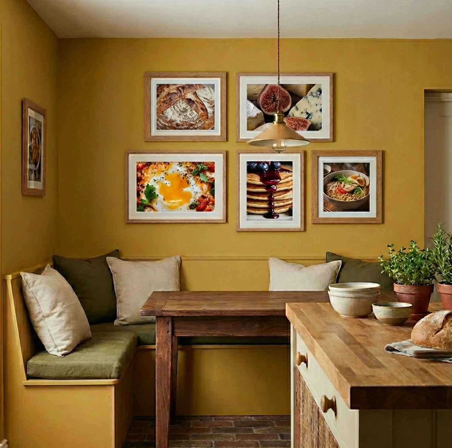 Cozy breakfast nook with wooden table and food gallery wall