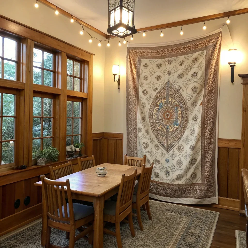 Dining room with a large fabric panel or tapestry softening acoustics and surrounded by warm wood frames.