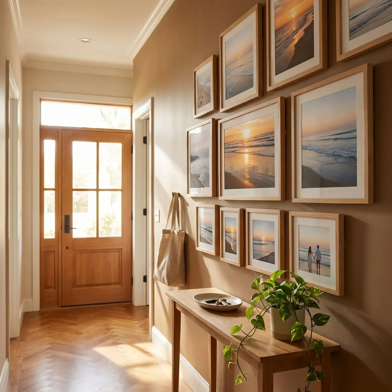 Beach photography gallery wall in home entryway